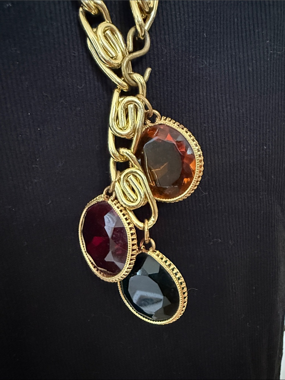 Gold Long Link Necklace with Multicolor Gem Pendants